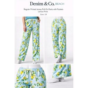 Denim & Co. 2X Beach Reg Lemon Print Jersey Pull-On Pants Wide Leg Pockets NWT